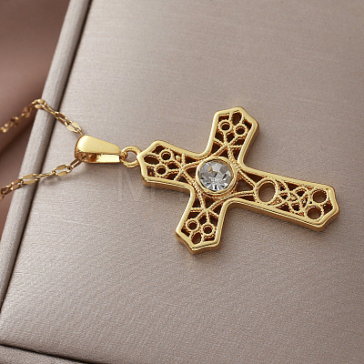 Vintage 304 Stainless Steel Pave Clear Cubic Zirconia Religion Filigree Cross Pendant Necklaces NA2735-1