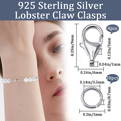 Beebeecraft 4Pcs 925 Sterling Silver Lobster Claw Clasps & 20Pcs Open Jump Rings STER-BBC0006-23-1