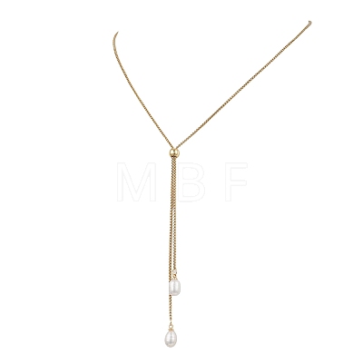 Adjustable Natural Pearl Rice Pendant 304 Stainless Steel Box Chain Lariat Necklaces NJEW-JN05948-1