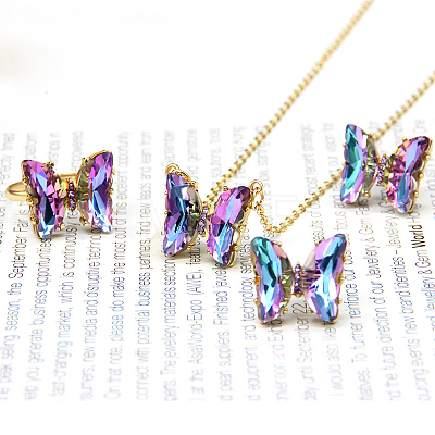 Butterfly Alloy Glass Pendant Necklaces & Stud Earrings & Rings Sets for Women WG31995-09-1