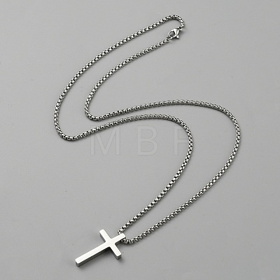 Stainless Steel Cross Pendant Necklace with Box Chains NJEW-WH0016-48P-1