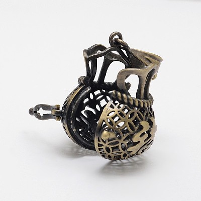 Filigree Lucky Money Bag with Blessing Brass Cage Pendants KK-N0093-08AB-RS-1