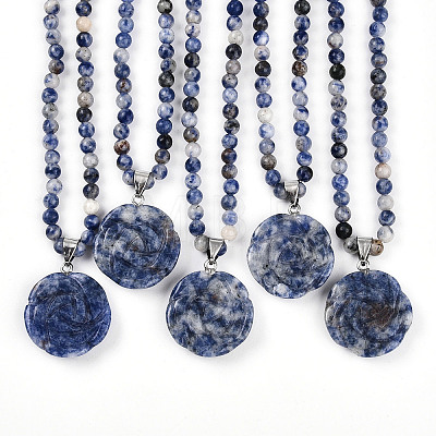 Natural Blue Spot Jasper 4.5mm Round Beaded Flower Pendant Necklaces NJEW-T016-04D-1