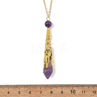304 Stainless Steel Filigree Natural Amethyst Faceted Pointed Bullet Pendant Brass Cable Chain Necklaces NJEW-JN06568-02-1