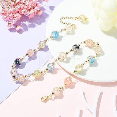 Resin with Gold Foil Round Beaded Chain Necklaces NJEW-JN04361-01-1