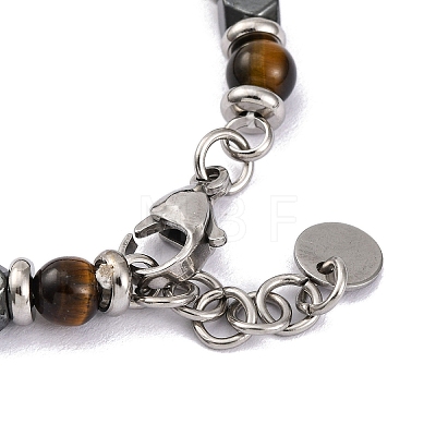 Natural Tiger Eye & Magnetic Synthetic Hematite Round Beaded Bracelet BJEW-P339-02P-03-1