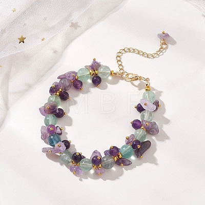 Brass & Natural Mixed Gemstone Chip & Round Beads Bracelets for Women BJEW-JB13151-03-1