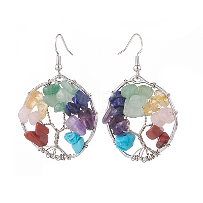 Natural & Synthetic Mixed Gemstone Chips Braided Ring with Tree of Life Dangle Earrings EJEW-JE04881-01-1