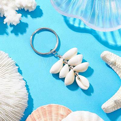 Natural Cowrie Shell Beads with Iron Split Key Rings & Brass Beads Keychain KEYC-JKC01210-1