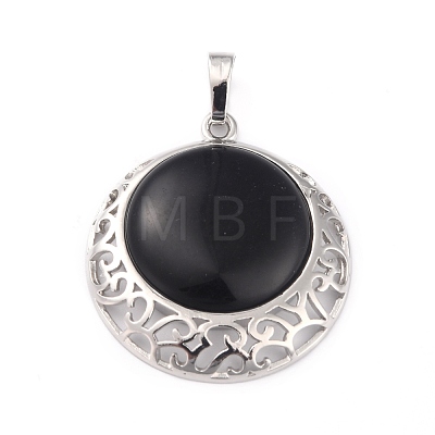 Natural Obsidian Pendants with Hollow Platinum Brass Findings G-P448-A12-P-1