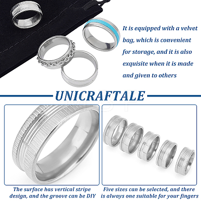 Unicraftale 10Pcs 5 Size 304 Stainless Steel Grooved Finger Ring Settings STAS-UN0041-21P-1