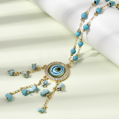 Boho Brass Resin Blue Evil Eye Pendant Necklaces with Dyed Natural Howlite Chip Tassel NJEW-L014-01G-1