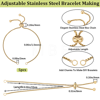 Beebeecraft 5Pcs Adjustable 304 Stainless Steel Box Chain Link Bracelet Making STAS-BBC0004-82B-1