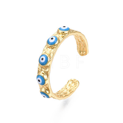Real 18K Gold Plated Brass Open Cuff Ring with Enamel Evil Eye for Women RJEW-Q166-02C-1