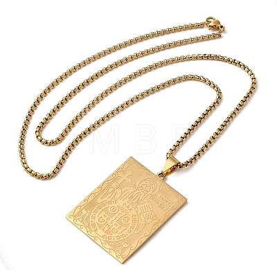 Rectangle 304 Stainless Steel Box Chain Saint Benedict Medal Pendant Necklaces for Women and Men NJEW-F324-09G-1