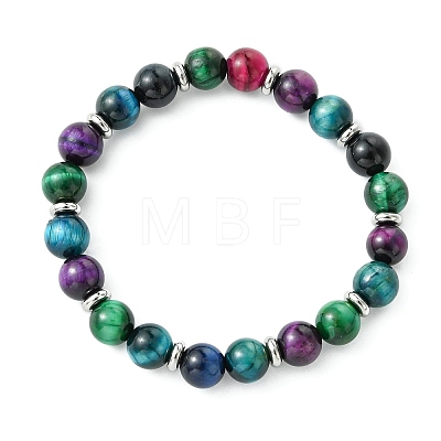 Dyed & Heated Natural Tiger Eye & Brass Round Beaded Stretch Bracelets for Women Men BJEW-JB13933-1