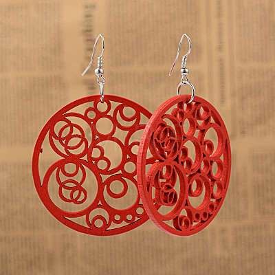 Simple Design Filigree Flat Round Wood Dangle Earrings EJEW-I181-10-1