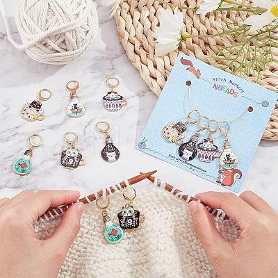 12Pcs 6 Colors Alloy Enamel Cat Charm Locking Stitch Markers HJEW-PH01531-1