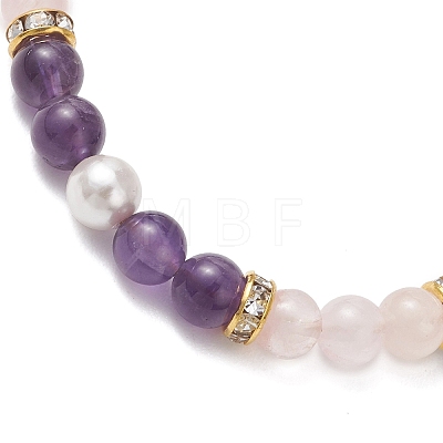 Natural Amethyst & Natural  Rose Quartz & Shell Pearl Round Beaded Braided Bead Bracelets BJEW-JB13392-02-1
