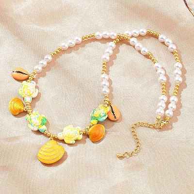 Ocean Brass Enamel Starfish Shell Shape Pendant Round ABS Imitation Pearl Beaded Necklaces KK-CBA4547-04A-G-1
