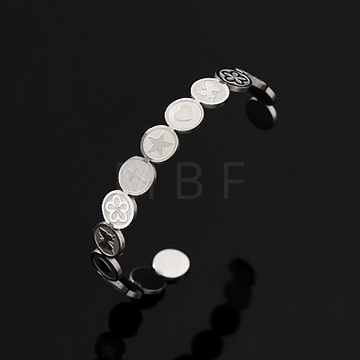 201 Stainless Steel Cuff Bangles for Women Flat Round with Cross & Butterfly & Heart & Star & Flower BJEW-T024-01E-P-1