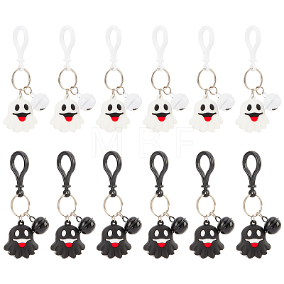 12Pcs 2 Colors Halloween Theme Cute Cartoon PVC Ghost Pendant Keychain with Bell Charm KEYC-CP0001-15-1