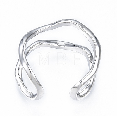 Brass Double Line Wave Open Cuff Ring for Women RJEW-T001-89P-1
