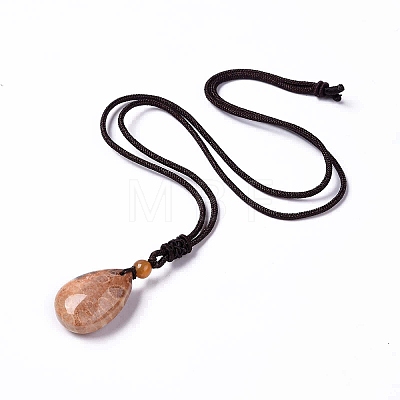 Dyed Natural Fossil Coral Teardrop Pendant Necklace with Nylon Cord for Women NJEW-C002-04-1