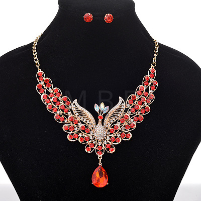 Alloy Rhinestone Hollow Peacock Bib Necklace & Stud Earrings Sets WGD829A-01-1