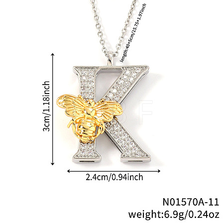 Brass Micro Pave Clear Cubic Zirconia Bee Initial Pendant Necklaces FS-WGF5E80-11-1