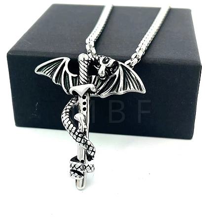 European Style Stainless Steel Dragon Wrap Sword Pendant Necklaces for Men Women CV9582-1