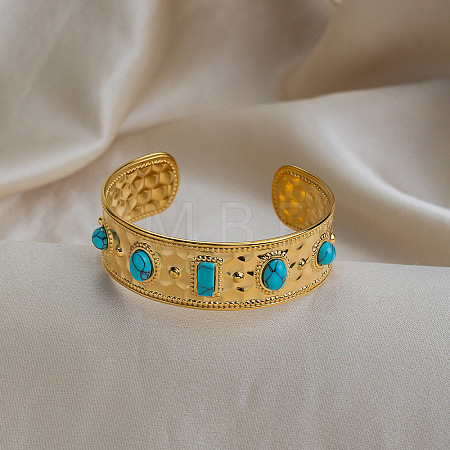 Vintage 304 Stainless Steel Pave Synthetic Turquoise Cuff Bangles for Women FO8532-1