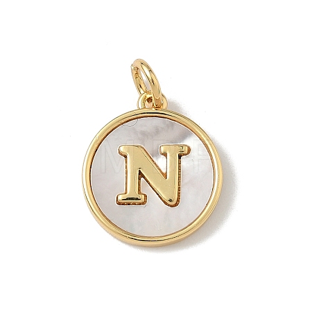 Brass Pave Natural Shell Flat Round with Letter Charms KK-Z115-13G-N-1