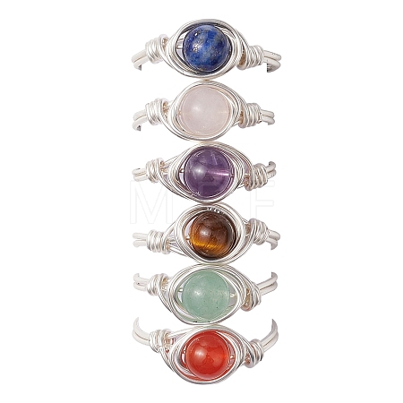 Round Natural Amethyst/Green Aventurine/Carnelian/Rose Quartz/Tiger Eye/Lapis Lazuli Braided Finger Ring RJEW-JR00743-01-1