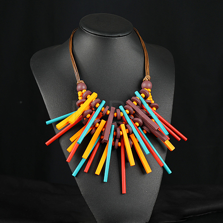 Bohemian Style Wood Beaded Multilayer Rectangle Tassel Necklaces for Women WG93846-06-1
