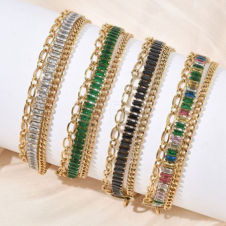 304 Stainless Steel & Glass Double Layers Chain Bracelets for Women BJEW-F540-10G-1