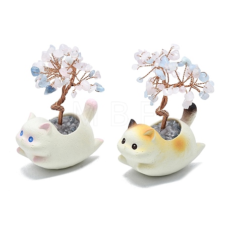 Natural Morganite Chips Tree of Life Decorations with Cat Display Decorations DJEW-K025-03F-1