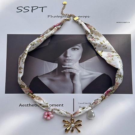 304 Stainless Steel Enamel Pendant Printed Cloth Scarf Necklaces for Women FS-WGDE682-05-1