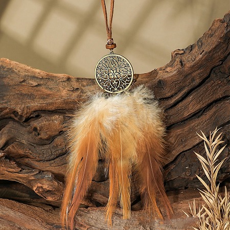 Ethnic Style Alloy & Wood Woven Web/Net with Feather Big Pendant Faux Suede Cord Necklaces for Women FS-WG285C1-08-1