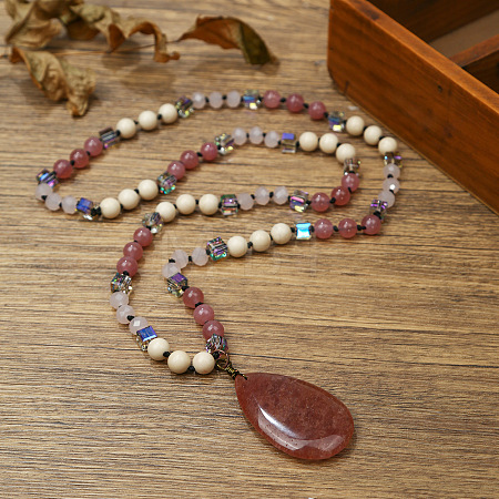 Natural Strawberry Quartz Flat Teardrop Pendant Round Gems and Cube Glass Beaded Long Necklaces for Women FS-WG9FE58-03-1