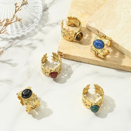 Natural Carnelian/Black Agate/Tiger Eye/Lapis Lazuli/Moss Agate Cuff Open Rings RJEW-JR01079-03-1
