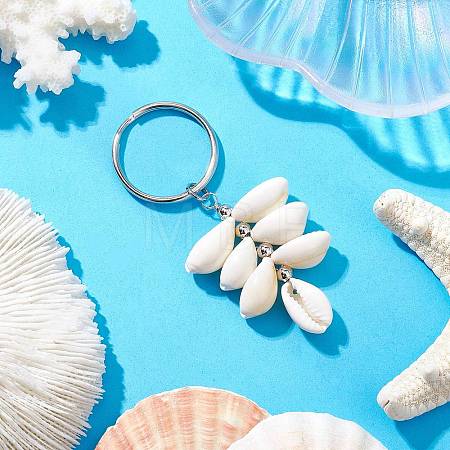 Natural Cowrie Shell Beads with Iron Split Key Rings & Brass Beads Keychain KEYC-JKC01210-1