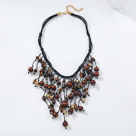 Bohemian Style Round Wood & CCB Beads Tassel Bib Necklaces WGF170D-01-1