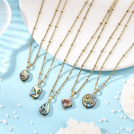 Natural Paua Shell Geometric Pendant 304 Stainless Steel Satellite Chain Necklaces NJEW-JN06352-1