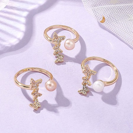 3Pcs Butterfly Brass Micro Pave Clear Cubic Zirconia Cuff Rings RJEW-JR00999-1