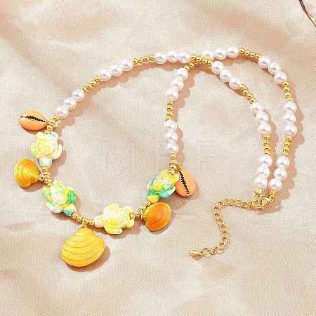 Ocean Brass Enamel Starfish Shell Shape Pendant Round ABS Imitation Pearl Beaded Necklaces KK-CBA4547-04A-G-1