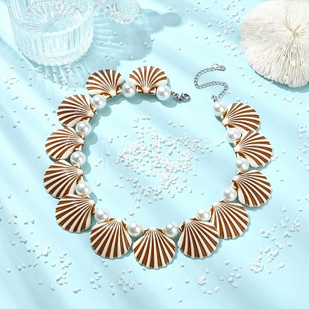 Ocean Baking Paint Pearlized Glass Pearl Round and Spray Painted Opaque Acrylic Shell Shaped Beaded Necklaces for Women NJEW-JN06272-1
