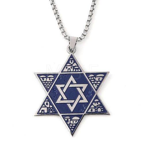 201 Stinless Steel Enamel Box Chain Star of David Pendant Necklaces NJEW-P316-05P-1