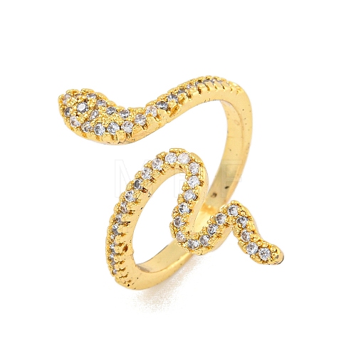 Rack Plating Snake Brass Micro Pave Clear Cubic Zirconia Cuff Rings for Women RJEW-C103-10G-1