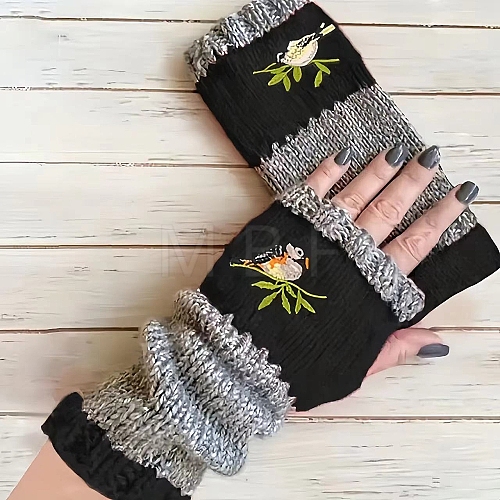 Acrylic Fibers Bird Pattern Knitting Fingerless Gloves PW-WG647CB-01-1